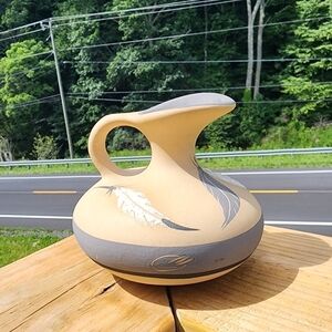 Vintage 4‎ 1/2" Desert Pueblo Pottery Pitcher 1985 Marked Grey Feather #52